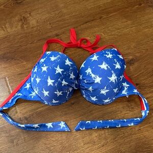 Xhilaration Blue and Red Halter Bikini Top with White Splatter Print